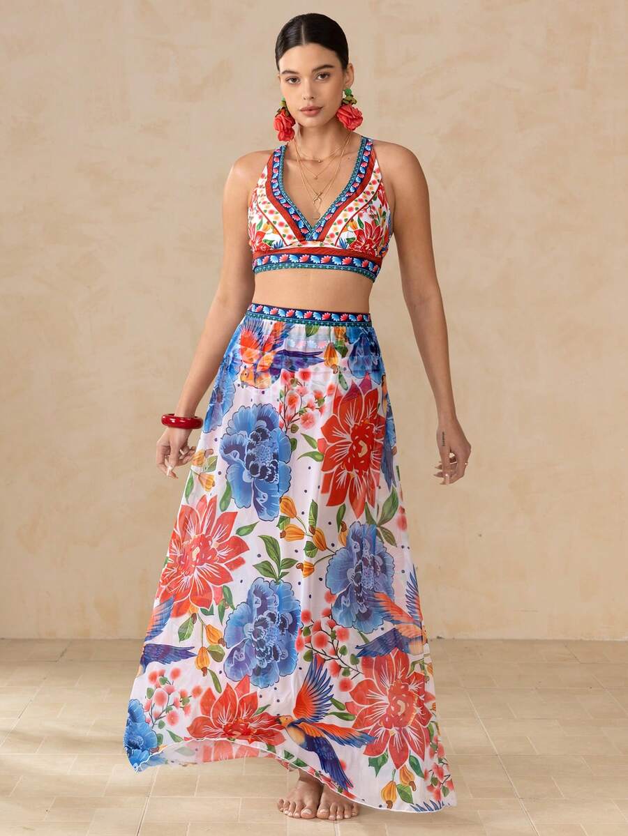 Swim Oasis Women's Summer Beach Floral Print Fashionable Sexy Bikini Swimsuit Set With Cover-Up And Skirt - Multicolor - View 1