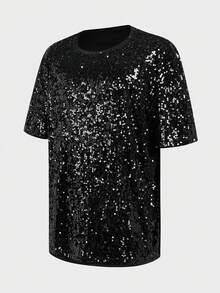 EASEVO Áo thun ngắn tay nam cỡ lớn phong cách đường phố đính sequin - màu đen - Xem 7