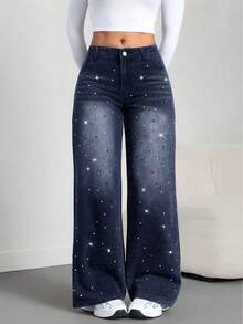SHEIN Tall Women's Skinny Fit Straight Leg Jeans, Black With Rhinestone Embellishment Glitter Jeans Wide Leg Jeans Woman Rhinestone Jeans Wide Leg Jeans Jeans With Rhinestones - Dark Wash - View 7