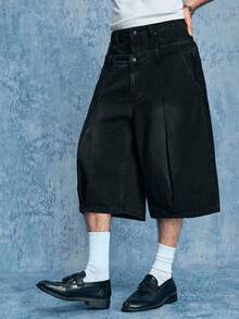 ROMWE MEN Street Life Men's Summer Casual Fashion Street Double Waistband Pleated 2 In 1 Denim Shorts - Black - View 5