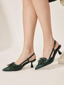CUCCOO CHICEST 女士尖头3D立体花卉装饰搭扣设计日常百搭时尚高跟鞋 - 墨綠色 - 查看 4