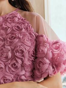 Anewsta 春夏浪漫假日3D立体花卉面料拼接花瓣袖A字腰身优雅派对连衣裙（女款） - 玫紅色 - 查看 1