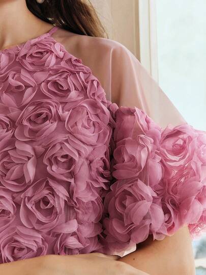  Anewsta Spring/Summer Romantic Holiday 3D Floral Fabric Patchwork Petal Sleeve A-Line Waist Elegant Party Dress For Women