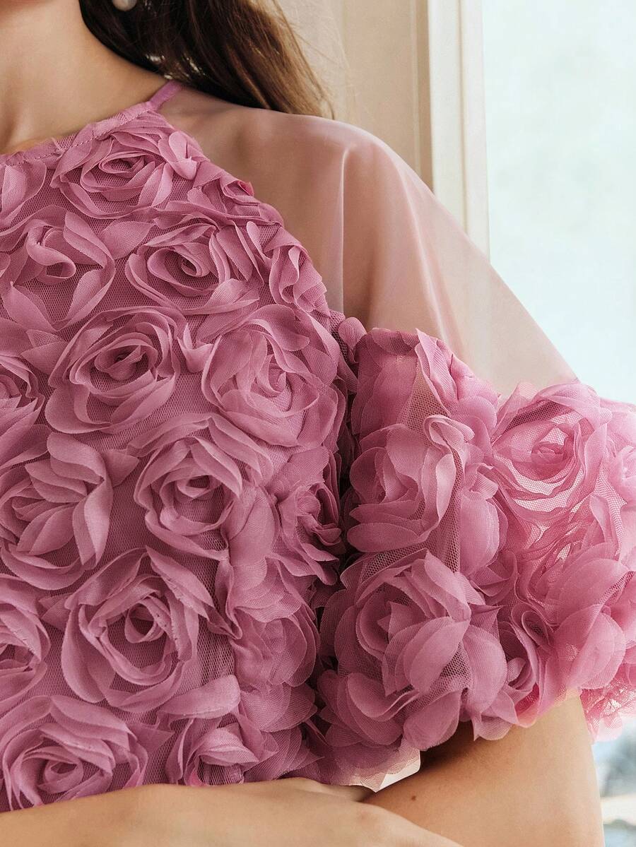 Anewsta 春夏浪漫假日3D立体花卉面料拼接花瓣袖A字腰身优雅派对连衣裙（女款） - 玫紅色 - 查看 1