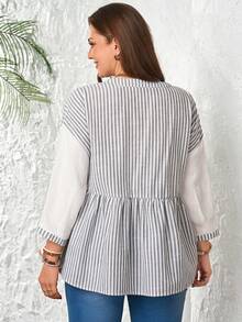 EMERY ROSE Blusa de mujer talla grande con rayas y patchwork, manga 3/4, blanca estilo boho para otoño y vacaciones, túnica casual, blusa elegante de negocios con volantes para verano - Multicolor - Ver 5