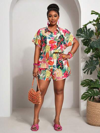 Slaydiva 新款休闲度假宽松纹理女式加大码衬衫，纽扣前襟搭配打结短裤套装，夏季