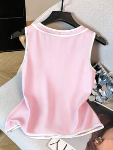 SHEIN 女士撞色V领蝴蝶结装饰休闲背心 - 粉色 - 查看 2