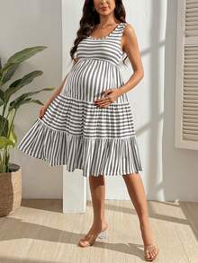SHEIN Vestido casual de maternidad de cuello redondo sin mangas a rayas - Multicolor - Ver 1