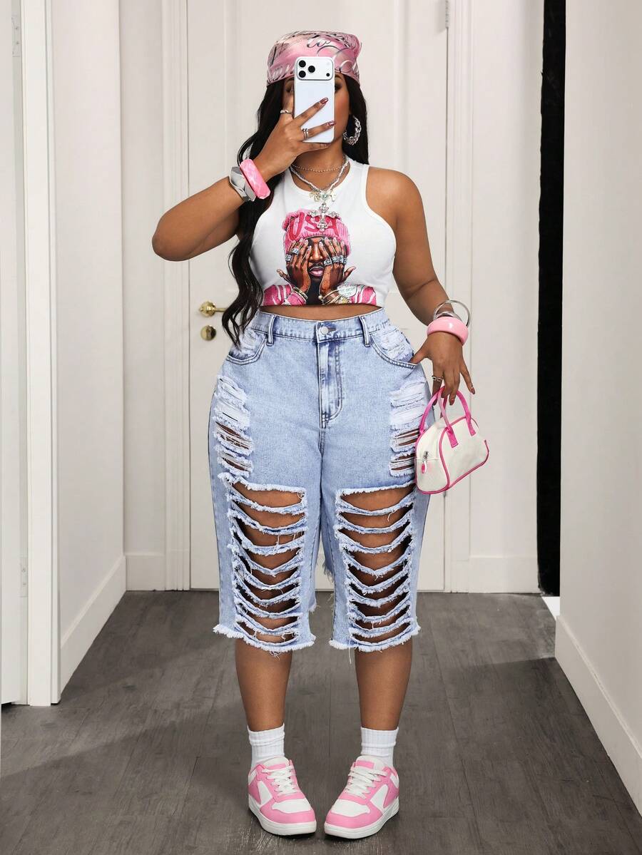 Slaydiva 大码女式高腰口袋做旧毛边七分牛仔裤 - 藍色 - 查看 1