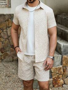 Manfinity Homme 男士休闲提花短袖衬衫短裤套装，休闲两件套，男士两件套短裤套装，奶油色男士套装，男士两件套夏季亚麻两件套，男士纹理两件套，男士复古风格，适合日常休闲、周末旅行、户外活动、探险旅行、轻松的工作环境或半正式场合，可作为男友/丈夫礼物、周年纪念/生日礼物、派对礼物、暑假礼物、新年礼物、婚礼礼物、情人节礼物。 - 杏色 - 查看 6