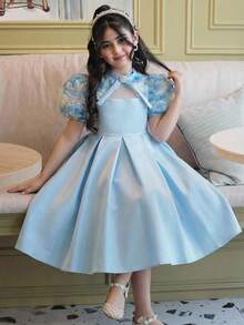 SHEIN 年轻女孩修身优雅镂空腰部A字连衣裙，配立领 - 藍色 - 查看 1