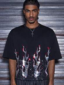 AXEPEAK Men's Casual Fashionable Streetwear Rhinestone Flame Graphic Short Sleeve T-Shirt, Summer - Black - View 4