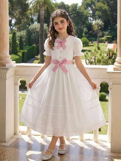 Vestido de manga abullonada con decoración de mariposa blanca estilo princesa chic para niña preadolescente, dulce y lindo para vacaciones de verano, reuniones al aire libre, actividades entre padres e hijos, sesiones de fotos