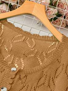 SHEIN LUNE 大码女式纯色针织镂空单排扣短袖露脐休闲轻薄开衫，春夏款 - 駝色 - 查看 7