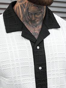 Manfinity CasualCool 男士夏季休闲撞色滚边衬衫和短裤套装 - 黑與白 - 查看 3