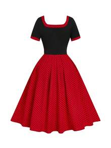 GlowEve CURVE 大码夏季休闲波点印花拼接短袖连衣裙 - 黑色 - 查看 2