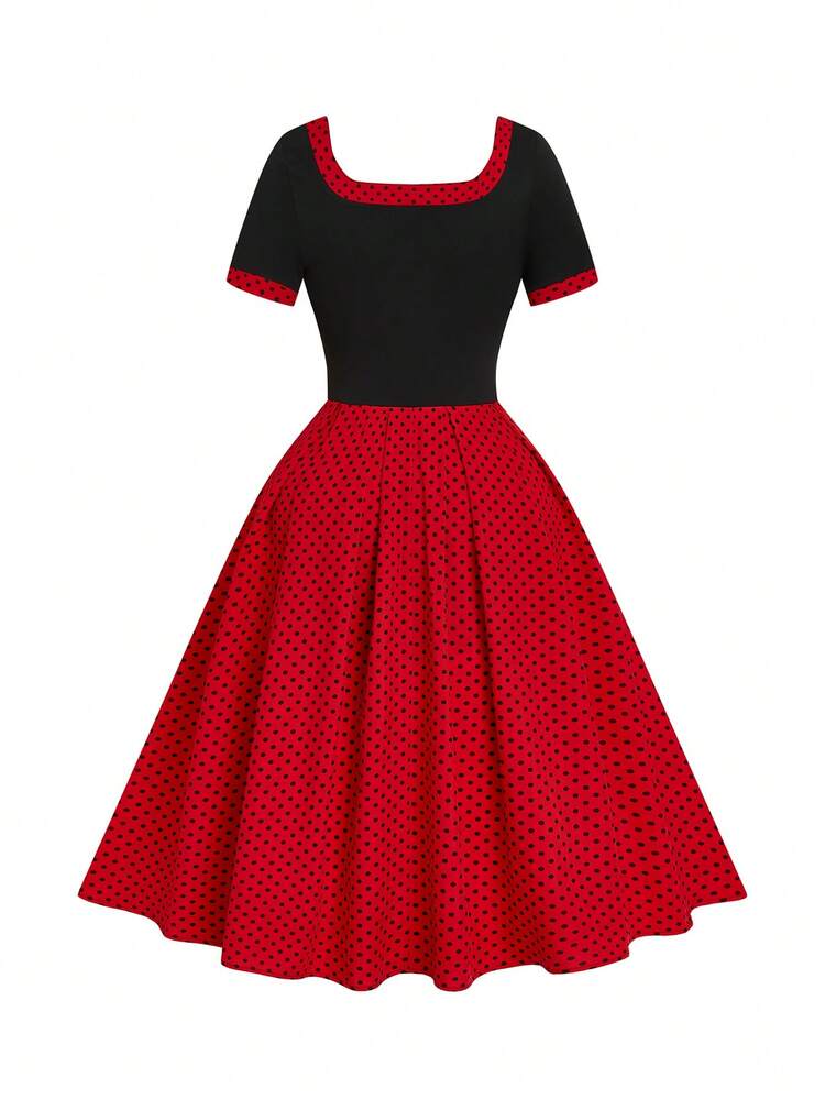 red and black polka dot dress GlowEve CURVE Plus Size Summer Casual 1920 Vintage 70's 80s 1920s 1960s 90s Print Patchwork Short Sleeve Halloween Party Date Night Roberta Red Asymmetrical Gown