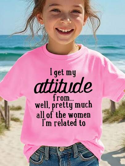 Camiseta holgada con estampado gráfico inspirador para niñas preadolescentes, color rosa, informal y cómoda para primavera/verano, serie de verano fresco, esencial para volver a la escuela, moda para niñas, moda básica, estilo coreano de primavera/verano, moda diaria para niños