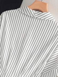 GlowEve 黑白条纹数码印花翻领V领腰带设计优雅职业连衣裙，适合正式场合、职场、会议、教师、学生等，春夏新款时尚必备单品 - 黑與白 - 查看 3