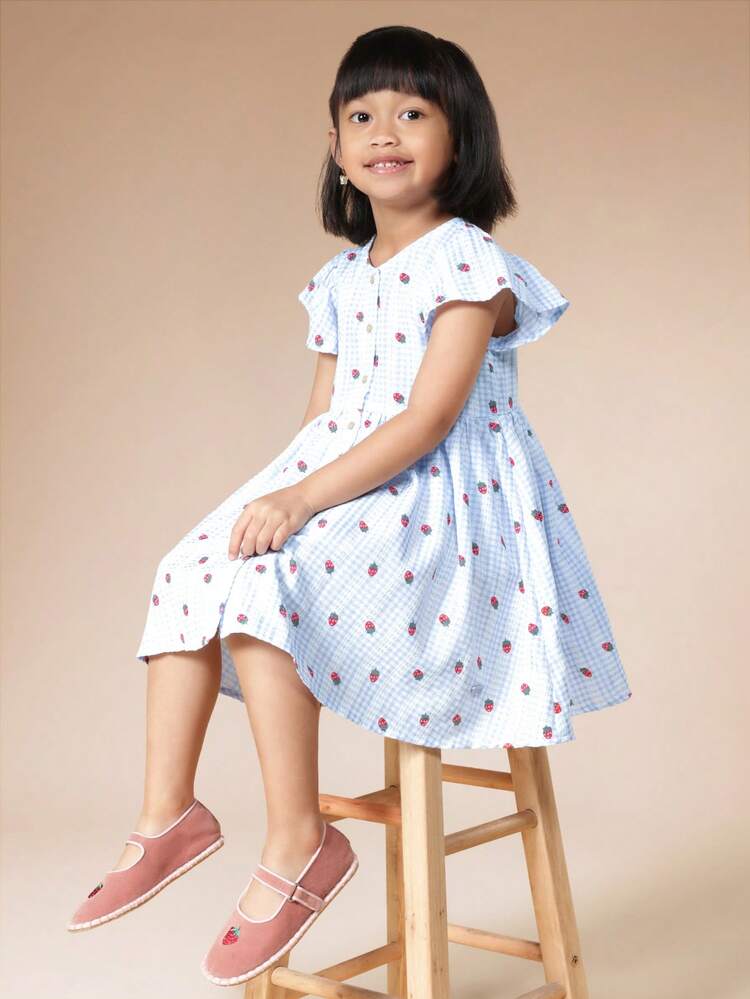 Strawberry Print Button Front A-Line Dress