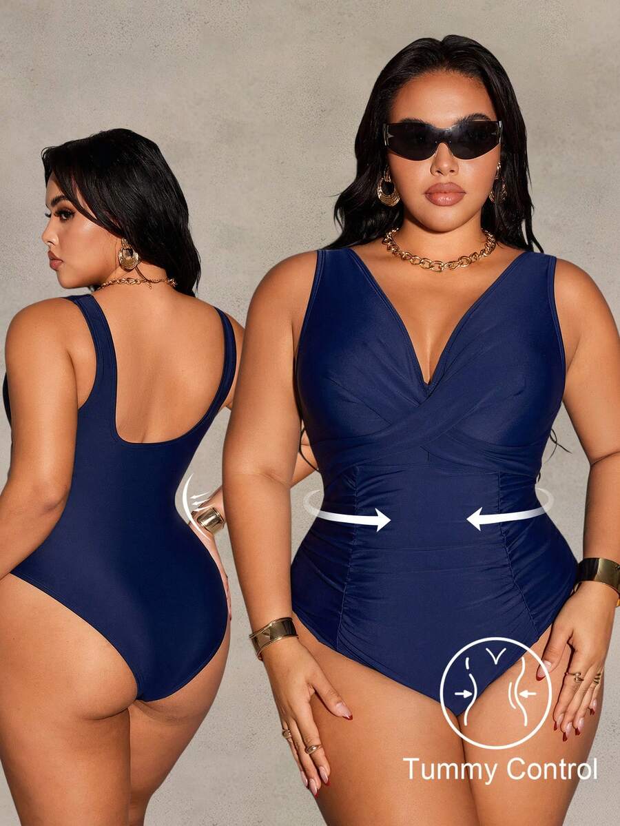Shapewave Bộ đồ bơi liền thân cạp cao, màu trơn, ôm dáng, tôn dáng, dành cho kỳ nghỉ hè 2026, cỡ lớn, thích hợp cho bãi biển. - Màu xanh hải quân - Xem 1