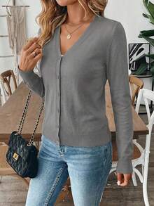 Áo khoác cardigan cài nút màu trơn thường ngày cho nữ, mùa thu - Xám - Xem 4