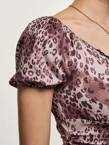 INAWLY Women's Leopard Print Contrast Lace Puff Sleeve Fitted T-Shirt, Summer - Multicolor - View 3