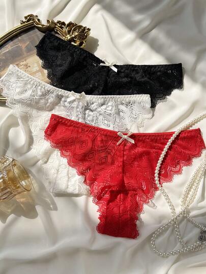 3 piezas/paquete Bragas cómodas de encaje de unicolor y sexy de moda