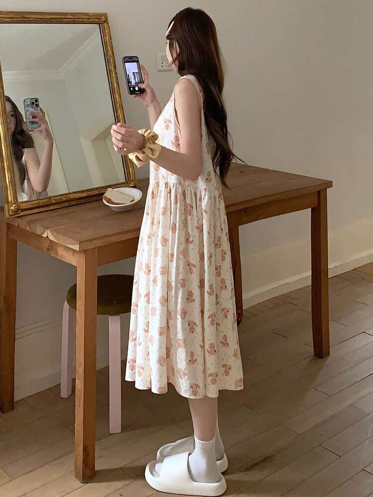 Summer Sweet Floral Cat & Dog Print Pleated Sleeveless Women Nightgown