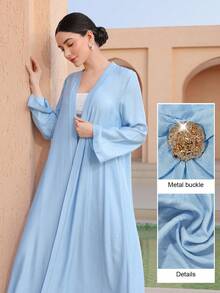Graceveil Women's Elegant 2-Piece Set: Solid Color Casual Long Sleeve Cardigan & Metal Button Decorated Flared Skirt - Blue - View 9