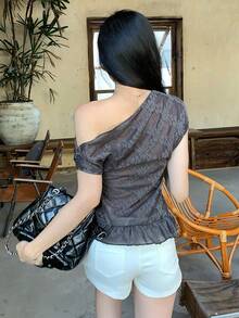 DAZY Women's Floral Asymmetric Shoulder Ruffle Hem Fashion T-Shirt - Grey - View 2