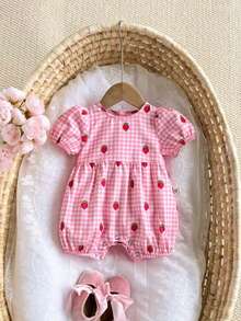 Newborn Baby Girl Casual Cute Summer Pink Plaid Strawberry Print Romper Strawberry Baby Clothes Baby Girl Strawberry Romper Pink Gingham Baby Dress Strawberry Baby Outfit Baby Sun Hat Strawberry - Pink - View 5