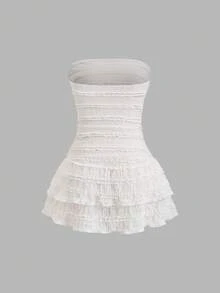 SHEIN Sweetro Váy ống ngắn màu trơn dệt kim có họa tiết - Màu be - Xem 2