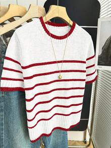 Franclia Nueva llegada Primavera/Verano Estilo coreano Casual Suelta Personalizada Blusa de punto de mujer a rayas con contraste de color - Rojo y blanco - Ver 3