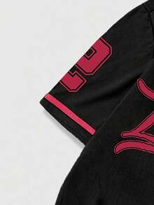 ROMWE MEN Prep 男士字母印花单排扣休闲宽松短袖衬衫 - 黑色 - 查看 5