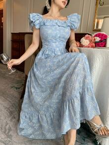 DAZY Đầm slip tay ngắn xếp ly họa tiết hoa nhí, đầm maxi cổ vuông thanh lịch dành cho công sở. - Màu xanh lam - Xem 6