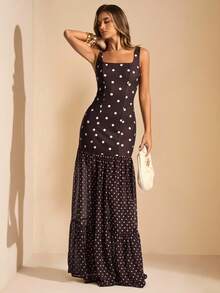 SHEIN BAE Đầm chấm bi nâu bất đối xứng, đầm dài ôm sát xuyên thấu, đầm chấm bi màu cà phê, đầm mùa hè kiểu Maillard, trang phục đại học màu nâu, đầm chấm bi hai dây hở lưng xẻ cao, đầm chấm bi, đầm dài đi biển nghỉ mát - màu nâu - Xem 6