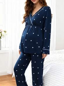 SHEIN Heart Print Trim Breastfeeding Maternity Long Sleeve Pajama Set - Navy Blue - View 5