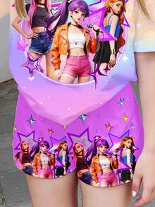 SHEIN 紫色扎染印花，星光钻石梦幻印花图案，少女休闲简约短袖T恤短裤两件套，适合夏季穿着 - 彩色 - 查看 5