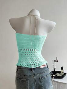 Elamini Floral Hollow-Out Knit Crop Top, Sexy Beach Vacation Style - Green - View 2