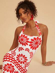 Travachic Vestido casual de mujer con cuello halter y estampado floral para vacaciones, conjuntos de verano para mujer, atuendos de playa para mujer, mujer, atuendo de concierto para mujer, bohemio, atuendos de rave, vacaciones tropicales, festival, vestidos de verano románticos para mujer, vestidos bohemios para mujer, vestidos tropicales para mujer, vestidos de mujer para vacaciones, nuevos lanzamientos, vestido de mujer, vacaciones tropicales, atuendos bohemios, atuendos de Ibiza, estilo occidental - Rojo y blanco - Ver 7