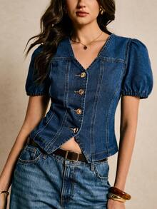 Poéselle Áo denim nữ mới, cổ chữ V, eo ôm, cài cúc phía trước, tay phồng, màu xanh dương, hoàn hảo cho mùa hè. Trang phục lễ hội mùa hè cho nữ, áo kiểu thường ngày cho nữ, áo sơ mi công sở cho nữ, áo denim cho nữ, bộ đồ denim nữ, áo thời trang nữ để mặc với quần jeans, bộ đồ denim nữ, áo denim tay phồng, trang phục ngày của mẹ, áo denim tay ngắn, áo phối với quần jeans, áo cài cúc cho nữ, bộ đồ denim cho nữ. - Rửa trung bình - Xem 8
