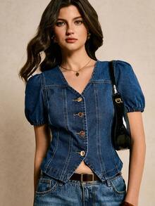 Poéselle Áo denim nữ mới, cổ chữ V, eo ôm, cài cúc phía trước, tay phồng, màu xanh dương, hoàn hảo cho mùa hè. Trang phục lễ hội mùa hè cho nữ, áo kiểu thường ngày cho nữ, áo sơ mi công sở cho nữ, áo denim cho nữ, bộ đồ denim nữ, áo thời trang nữ để mặc với quần jeans, bộ đồ denim nữ, áo denim tay phồng, trang phục ngày của mẹ, áo denim tay ngắn, áo phối với quần jeans, áo cài cúc cho nữ, bộ đồ denim cho nữ. - Rửa trung bình - Xem 7