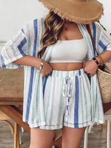 SHEIN VCAY Plus Size Women's Blue & White Striped Shirt And Shorts Knit 2 Pieces Set, Summer Vacation - Multicolor - View 1
