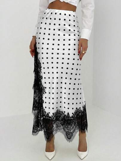 Aloruh Women's Fashionable Elegant Polka Dot Print Lace Patchwork Skirt