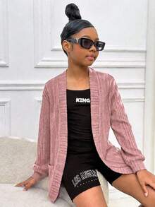 SHEIN Niña preadolescente Cardigan rosa de manga larga de punto de unicolor informal - Rosa vieja - Ver 1