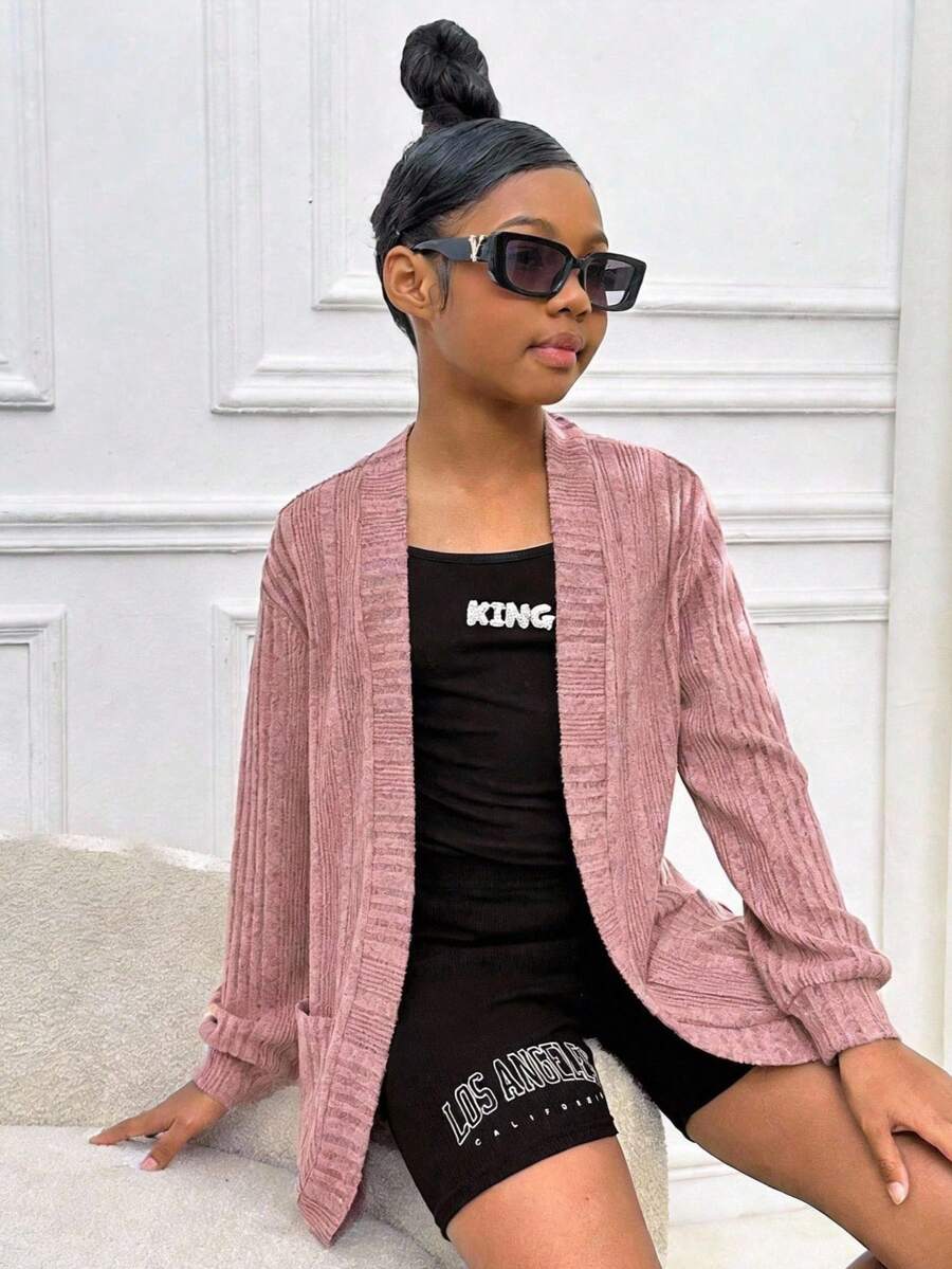 SHEIN Niña preadolescente Cardigan rosa de manga larga de punto de unicolor informal - Rosa vieja - Ver 1