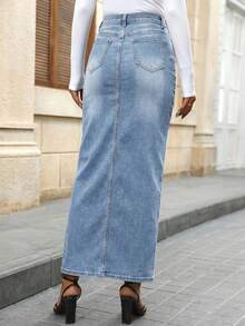EMERY ROSE Women's High Waist Pocketed Slit Hem Long Denim Skirt - Blue - View 2