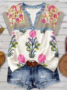 Linhara Blusa casual de mujer talla grande con estampado floral y de bloques de color, cuello en V y mangas cortas, estilo vintage elegante para ir al trabajo, vacaciones y uso diario en primavera/verano - Multicolor - Ver 3