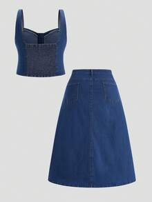SHEIN MOD Plus Size Summer Casual Sleeveless Top And Denim Skirt 2 Pieces Set For Women,Dark Blue Everyday 2000's Elegant Party Beach Holiday Coords Outfits - Dark Wash - View 2
